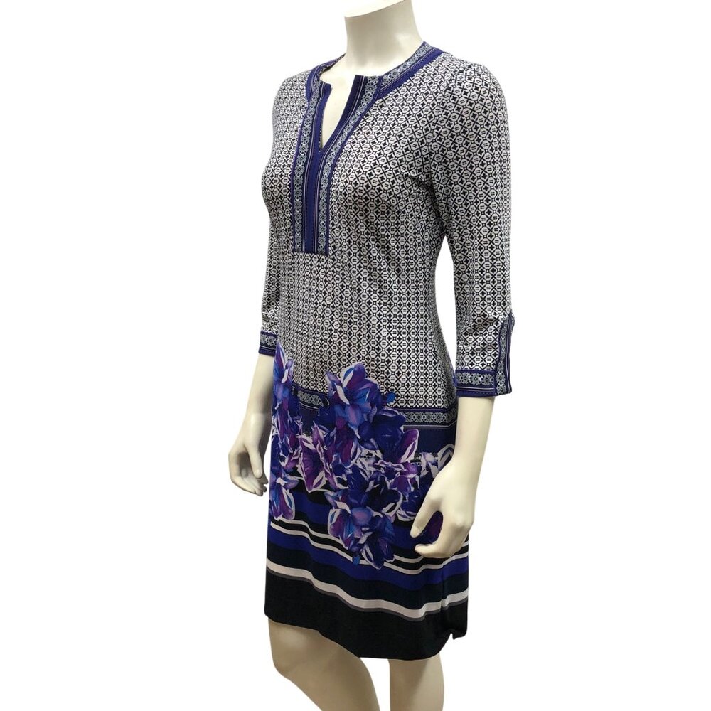 New York & Co Geometric Floral Print 3/4 Sleeve‎ Dress V-Neckline Sm